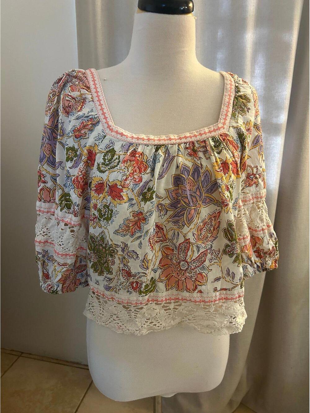 Christian Siriano Floral Cropped Blouse Boho Peasant Crochet Lace Puff SleevesXS